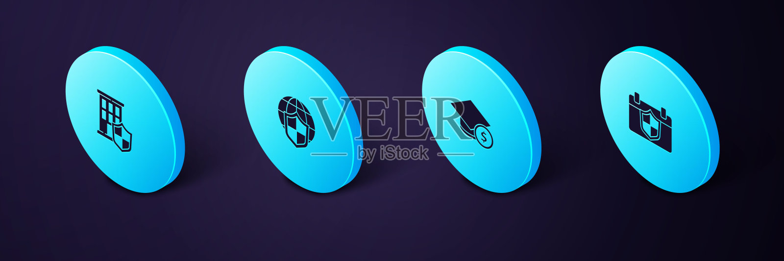 设置等距日历与盾牌,毕业帽和硬币,盾牌世界地球仪和房子的图标。向量插画图片素材