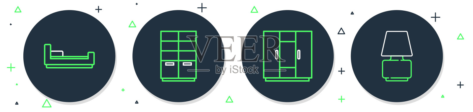 设置线衣柜,床和台灯图标。向量插画图片素材