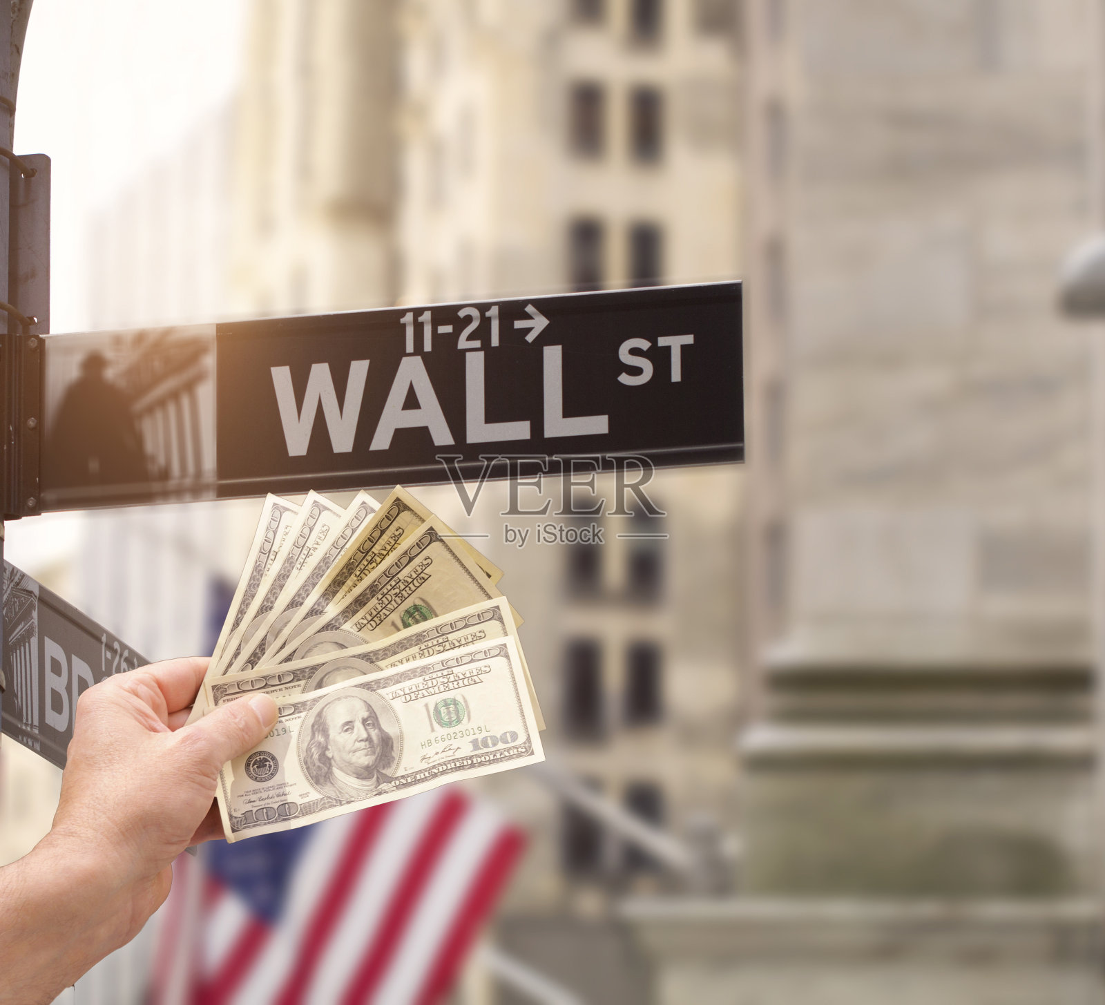 华尔街路标。照片摄影图片