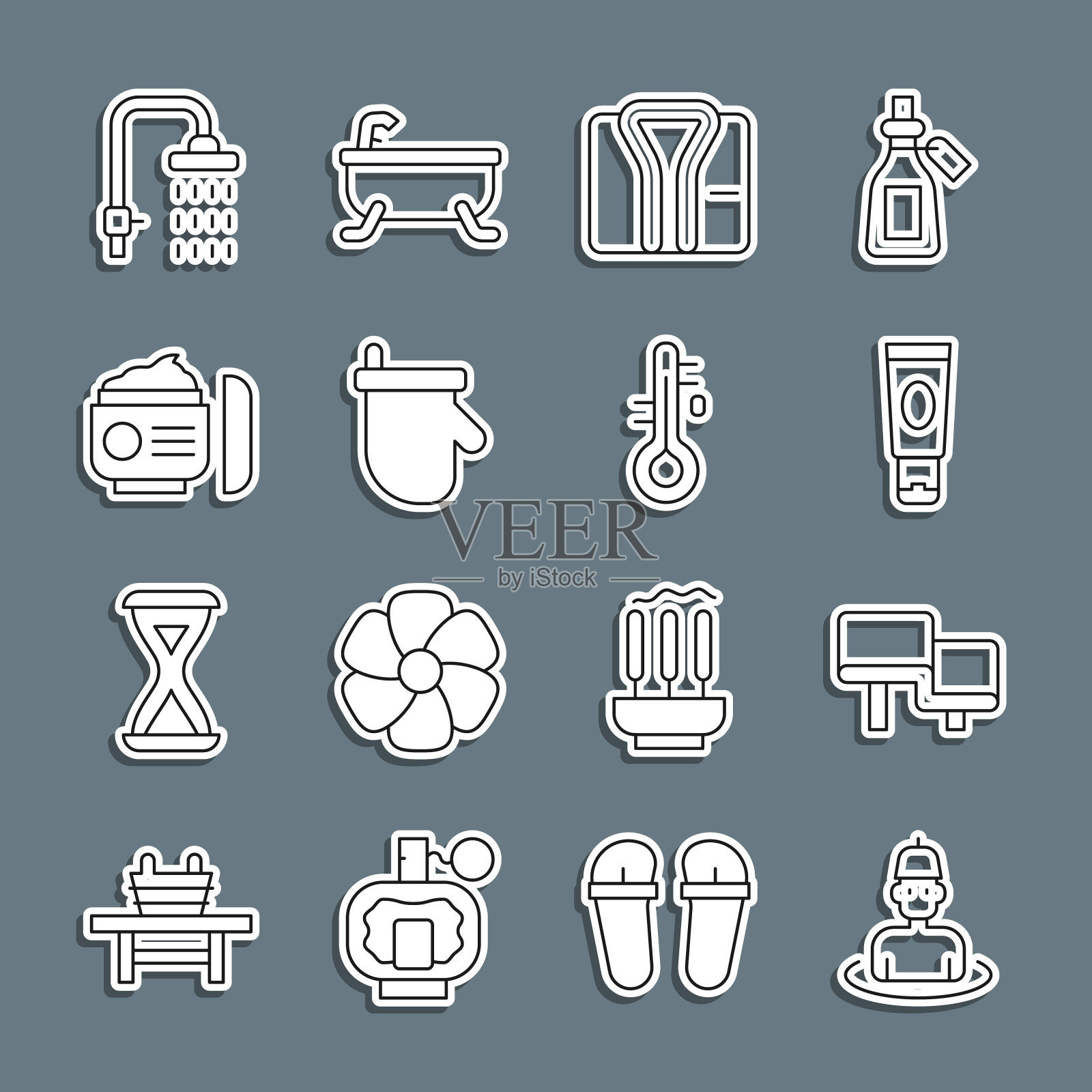 设置线男子在桑拿,桑拿木板凳,霜或乳液化妆品管,浴袍,手套,淋浴和温度计图标。向量插画图片素材