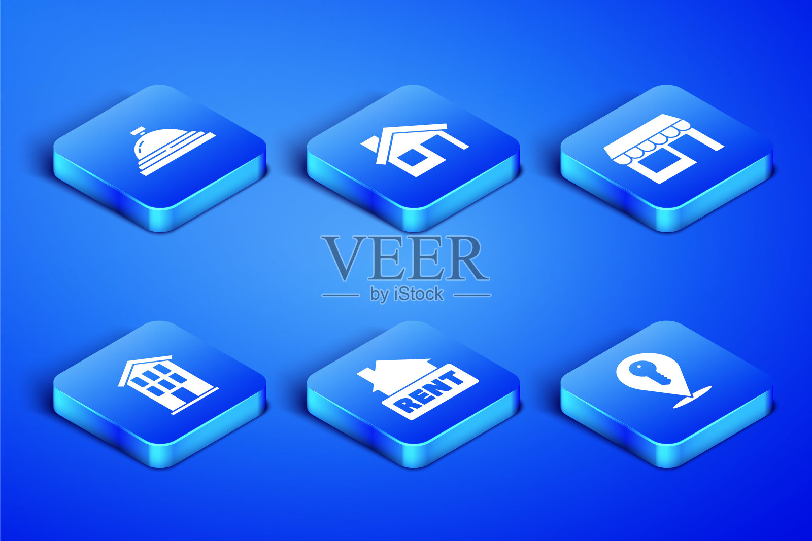 设置位置键,酒店服务铃,悬挂标志与租金,房子,和市场商店图标。向量插画图片素材