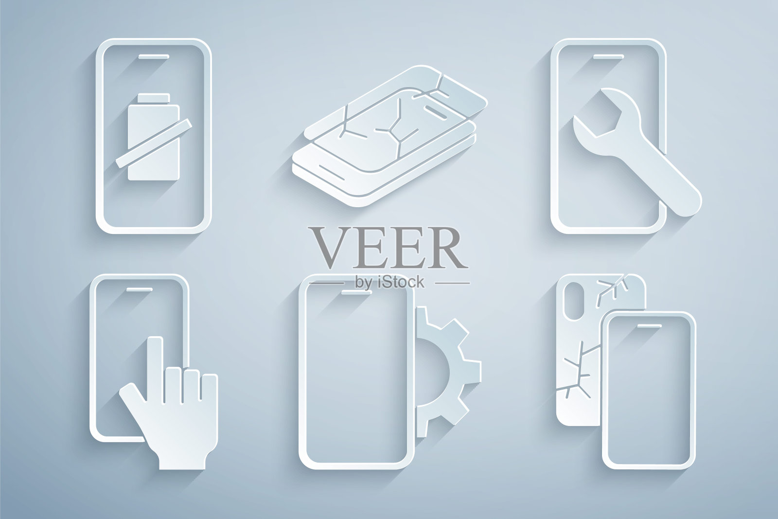 设置手机维修服务,手机,破碎屏幕,智能手机电池充电图标。向量插画图片素材