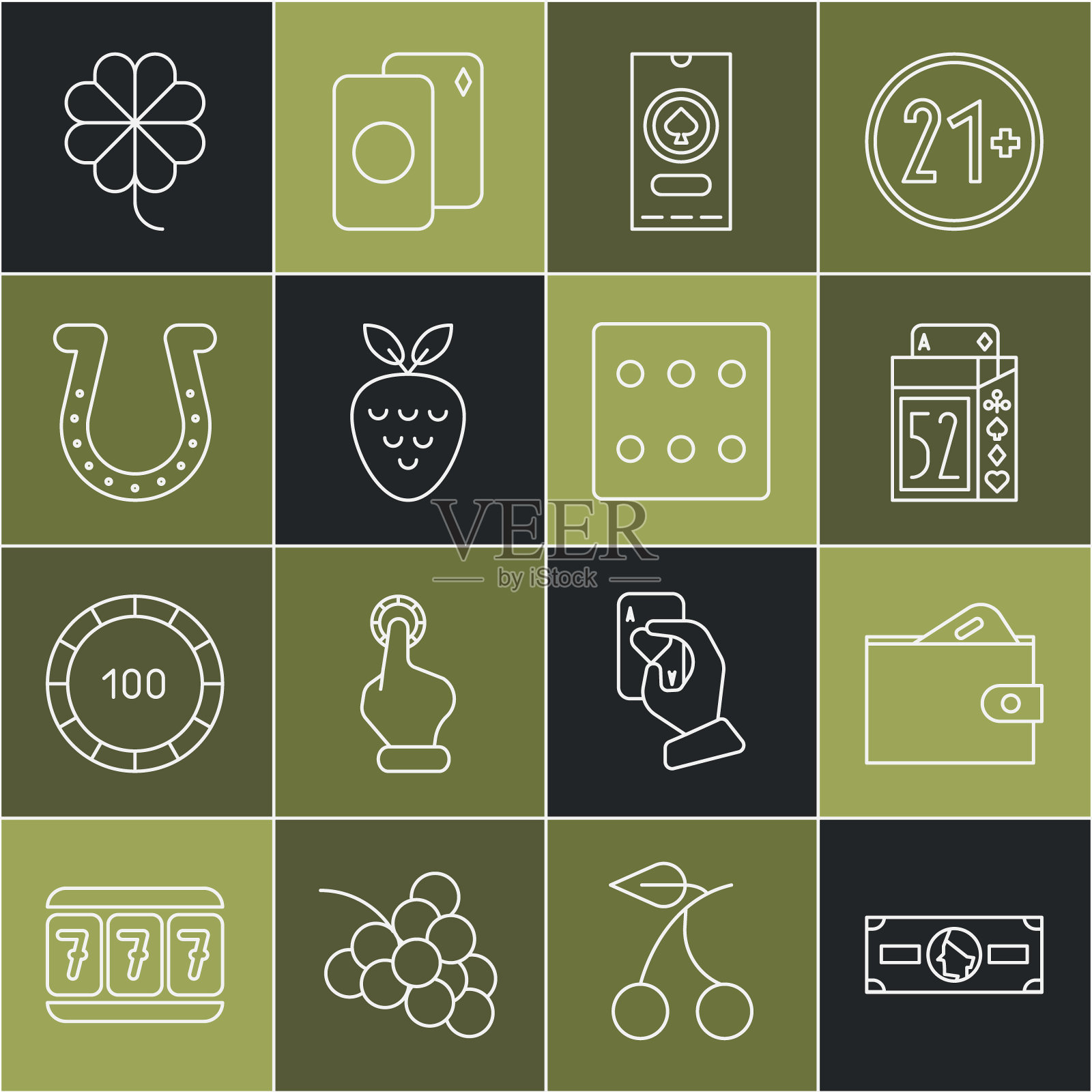 设置线堆栈纸币现金,钱包与,扑克牌,赌场扑克比赛邀请,老虎机草莓,马蹄铁,三叶草和游戏骰子图标。向量插画图片素材