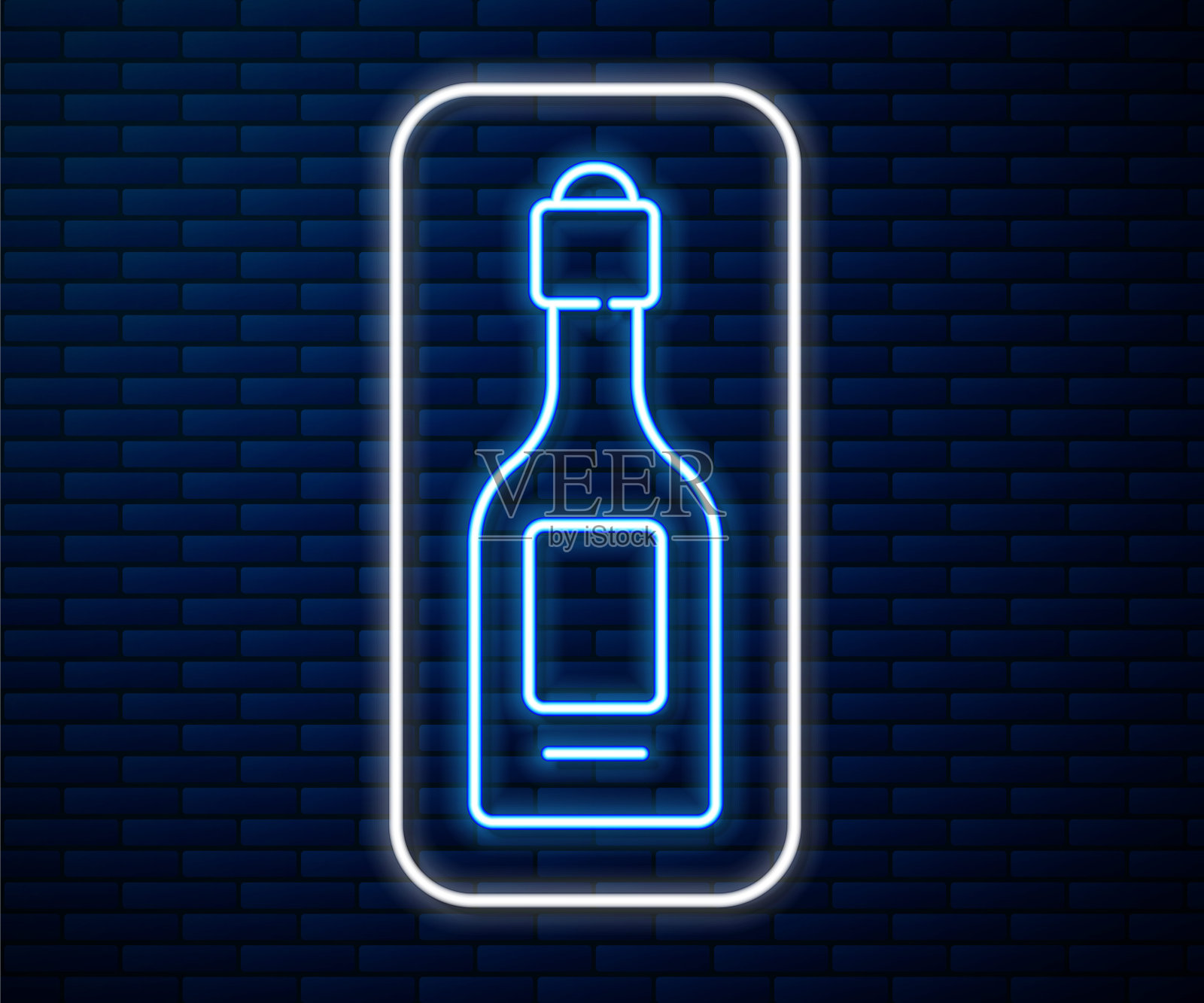 发光的霓虹灯线香槟瓶图标孤立的砖墙背景。向量插画图片素材