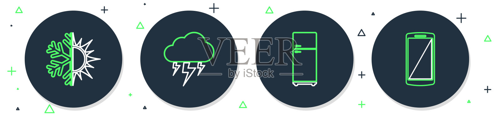 设置线风暴,冰箱,太阳和雪花和智能手机,手机图标。向量插画图片素材