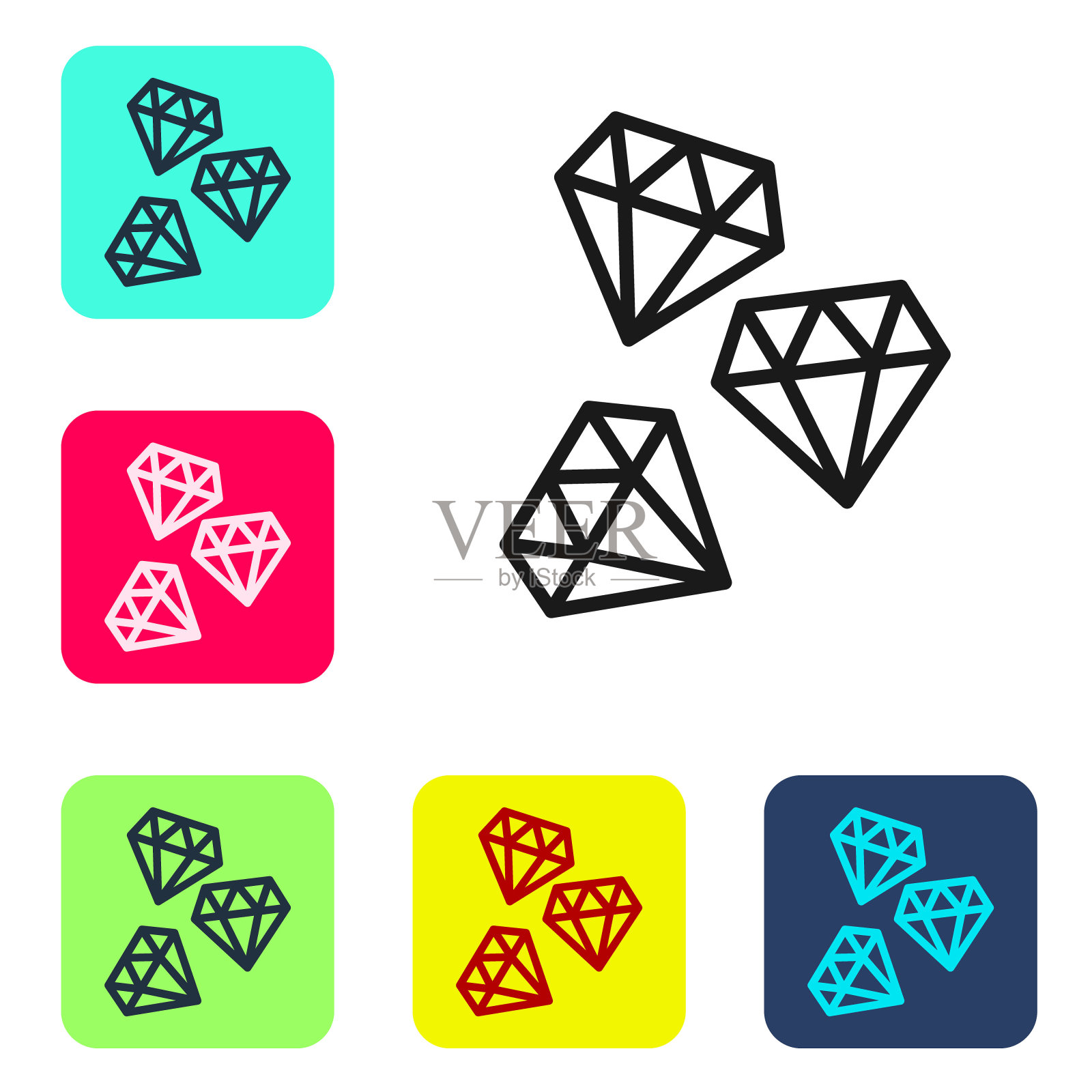 黑线宝石图标隔离在白色背景。首饰的象征。钻石。设置图标为彩色方形按钮。向量插画图片素材