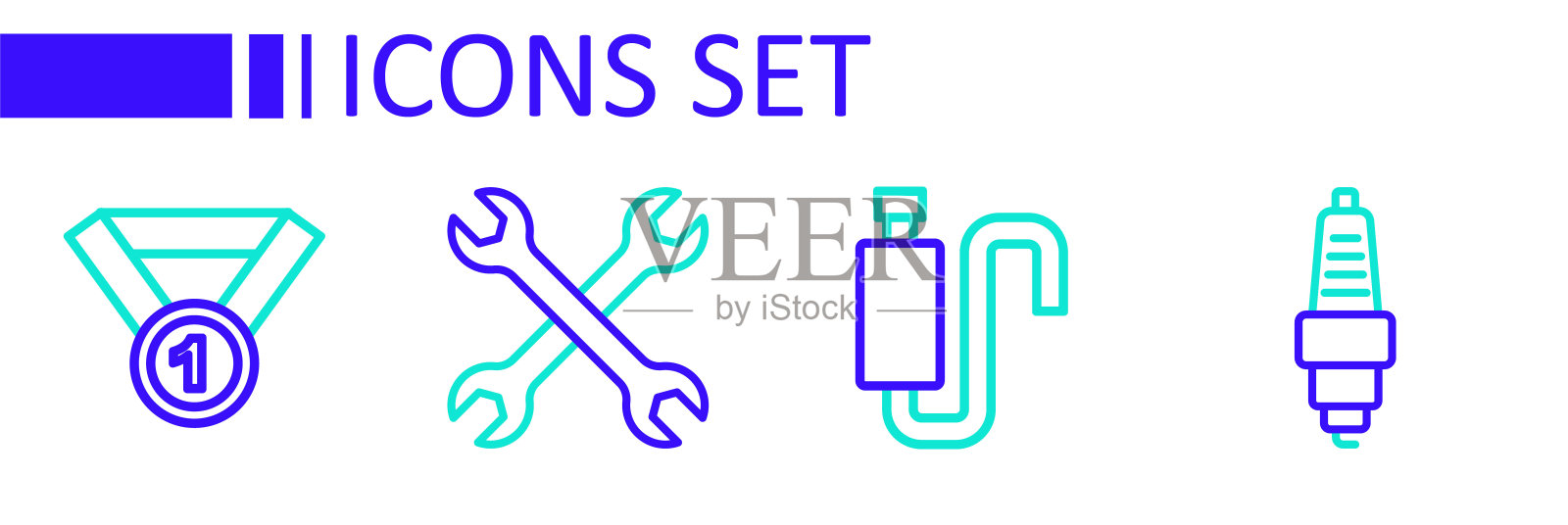 设置线汽车火花塞,消声器,扳手扳手和奖章图标。向量插画图片素材