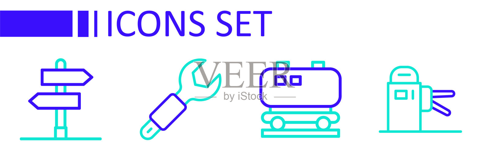 设置线路旋转门,油路储罐,扳手和道路交通标志图标。向量插画图片素材