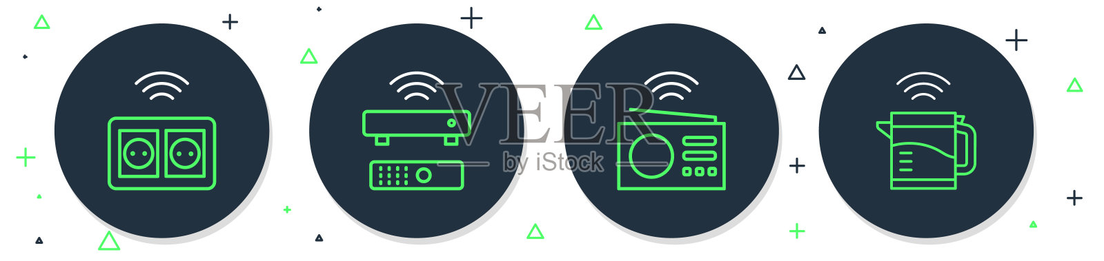 无线电视盒接收器,智能收音机,电源插座和水壶图标。向量插画图片素材