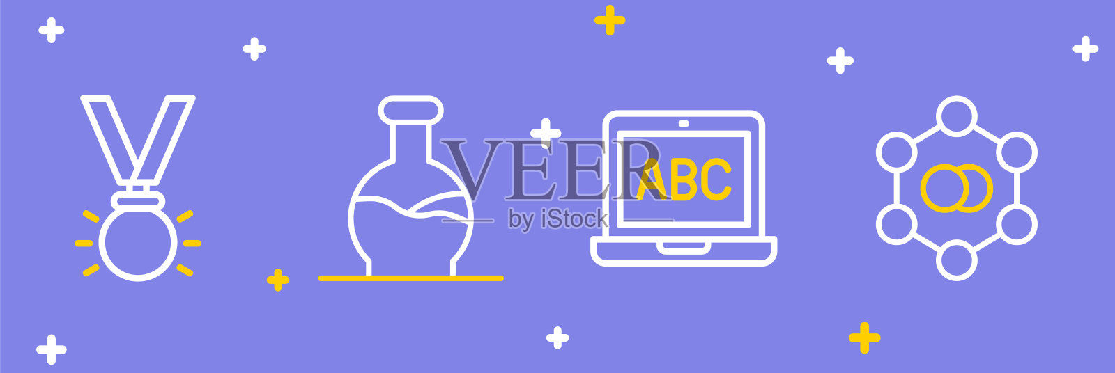 设置线分子,笔记本电脑,试管和奖章图标。向量插画图片素材