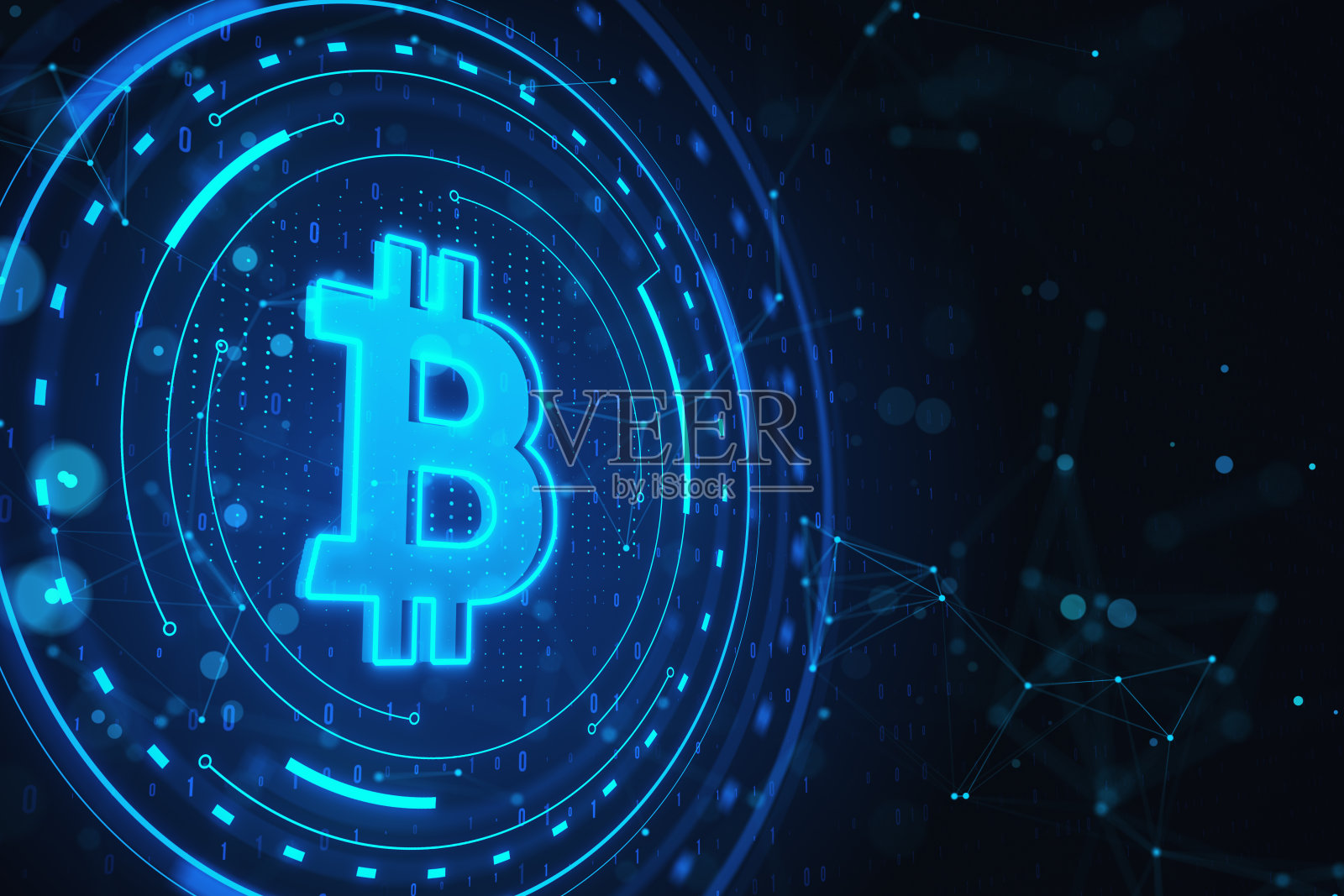 发光的蓝色比特币背景。加密货币和金融概念。3 d渲染。照片摄影图片