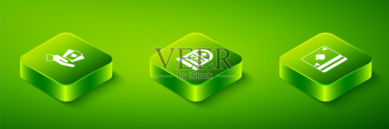 集等距老虎机与头奖,扑克牌和手持图标的甲板。向量插画图片素材