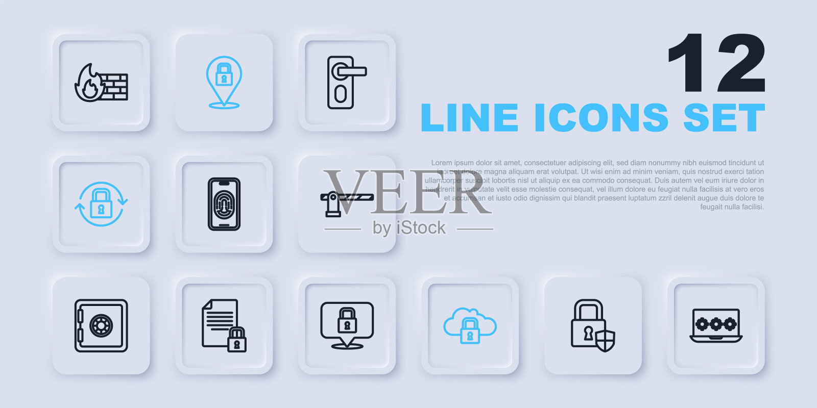 设置线屏蔽安全锁,笔记本电脑密码,手机指纹扫描仪,云计算,锁,文件和,和图标。向量插画图片素材