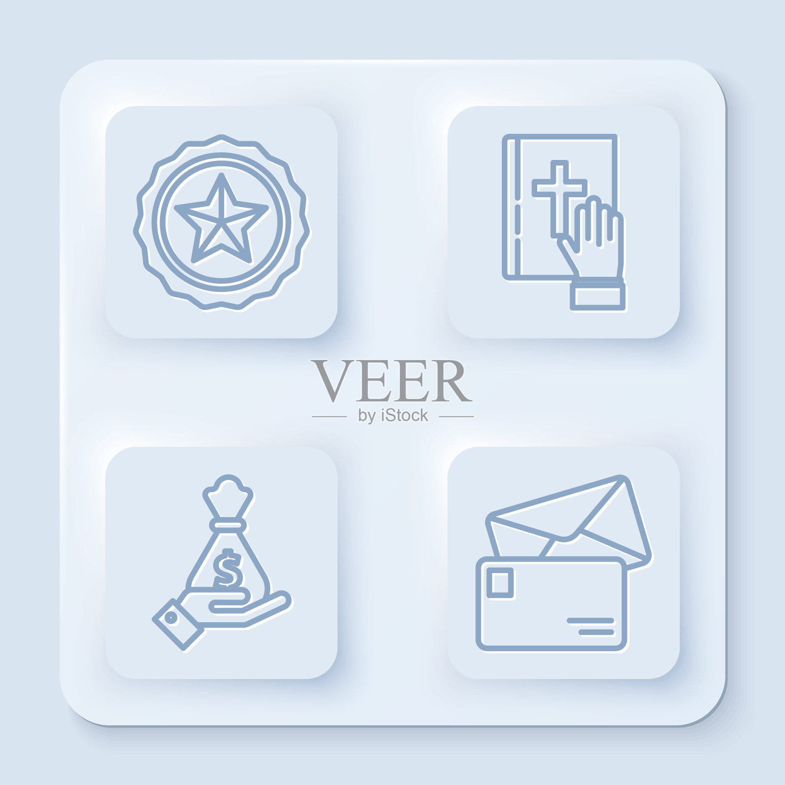 警徽,圣经宣誓,手持钱袋和信封。白色方形按钮。向量插画图片素材