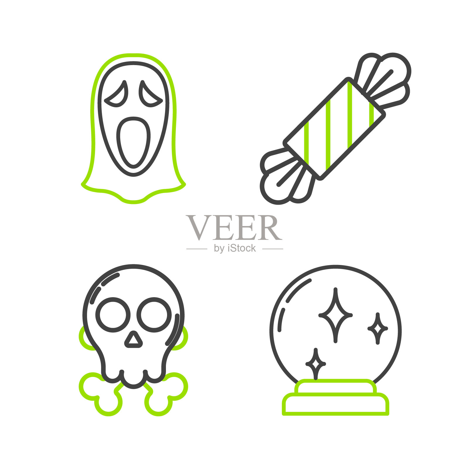 设置线魔术球,骷髅在交叉骨,糖果和有趣的恐怖鬼面具万圣节图标。向量插画图片素材