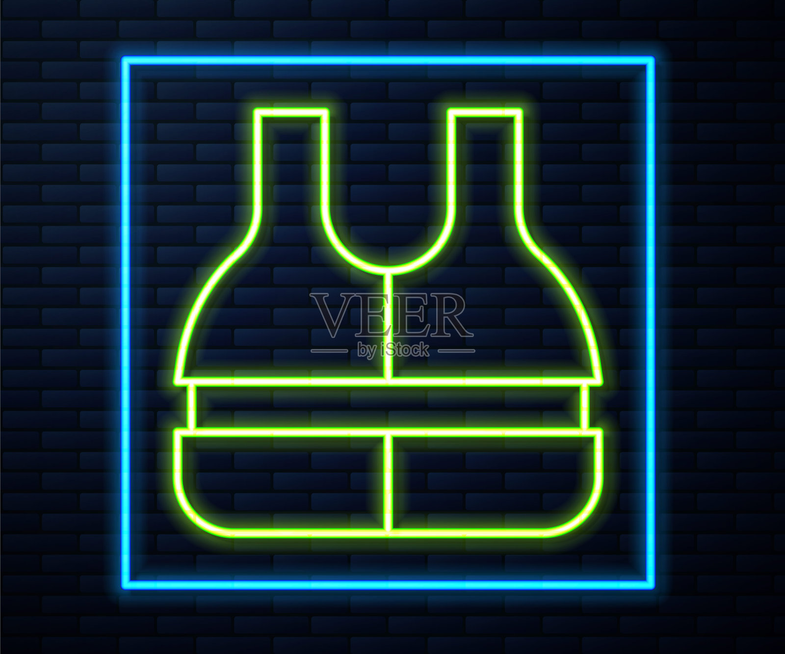 发光的霓虹线救生衣图标孤立的砖墙背景。救生衣图标。极限运动。运动设备。向量插画图片素材