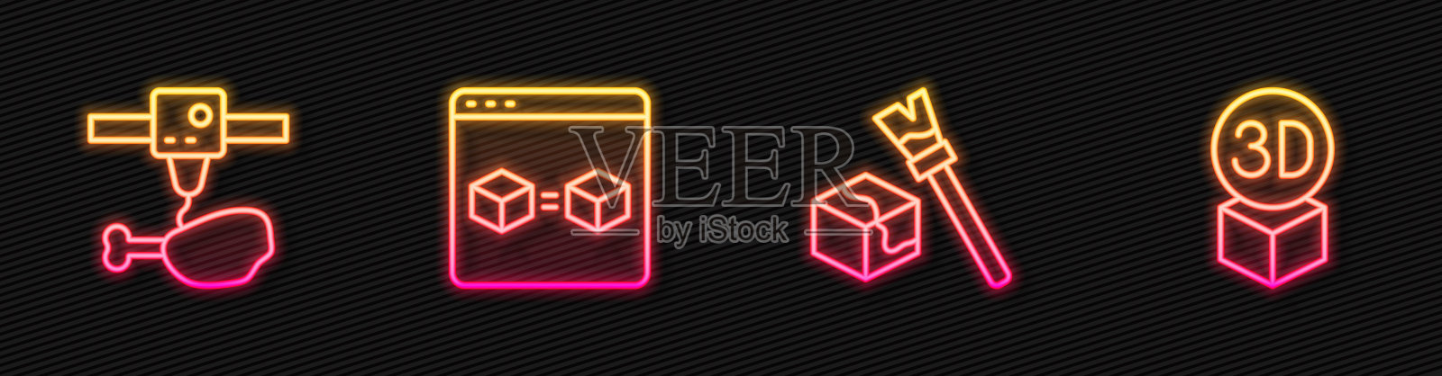 设置线等距立方体,3D打印鸡腿,完美复制和。发光的霓虹灯图标。向量插画图片素材