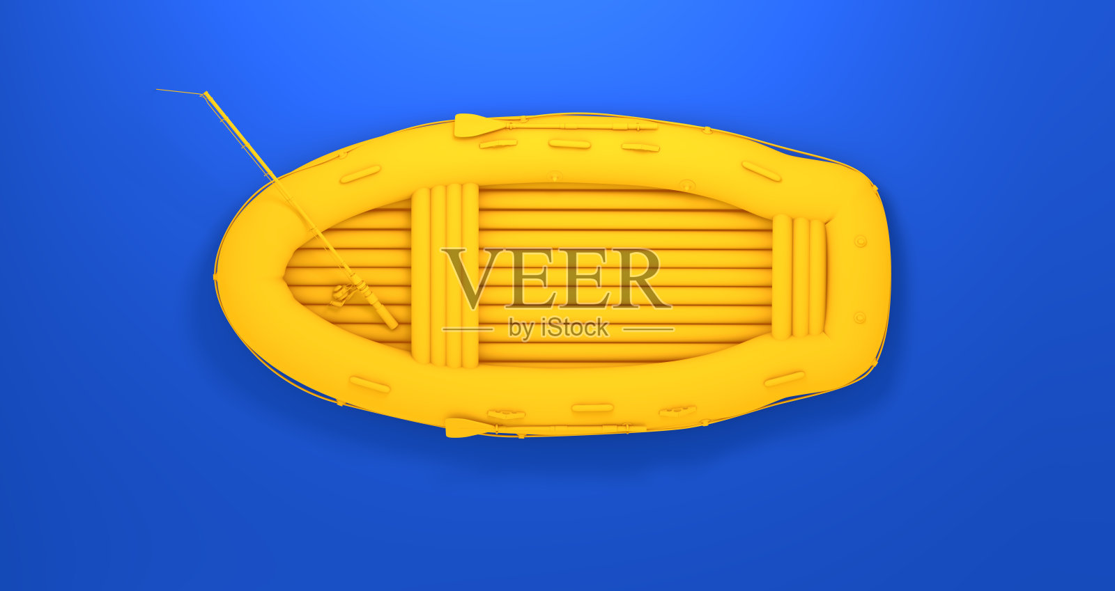 黄色充气船与鱼竿在一个蓝色的工作室背景。最小的概念。及。前视图。照片摄影图片
