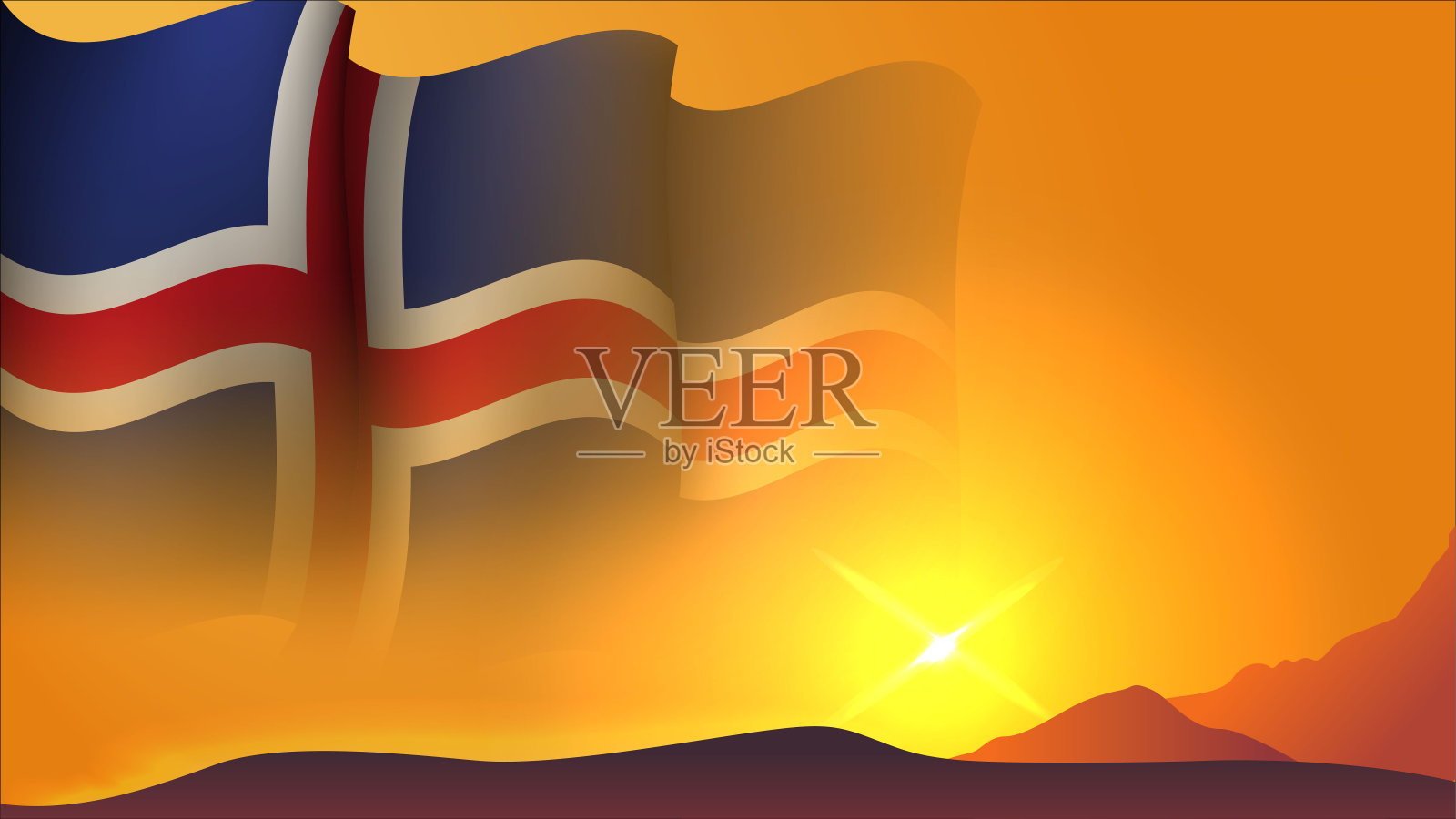 冰岛挥舞旗帜背景设计上的日落视图矢量插图插画图片素材