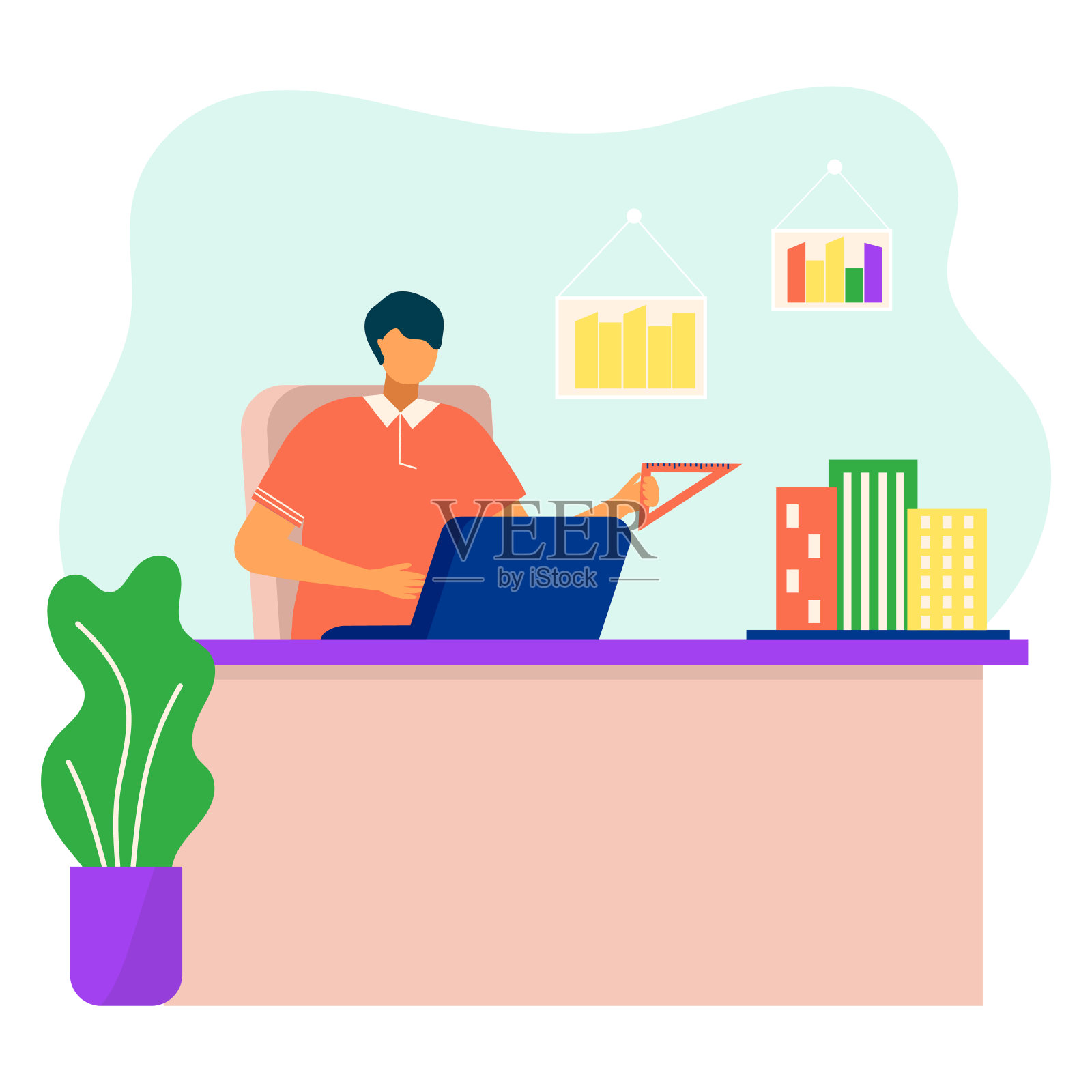 专业建筑师角色坐在工作场所拿三角形尺子与工作笔记本电脑平面矢量插图,隔离在白色上。插画图片素材