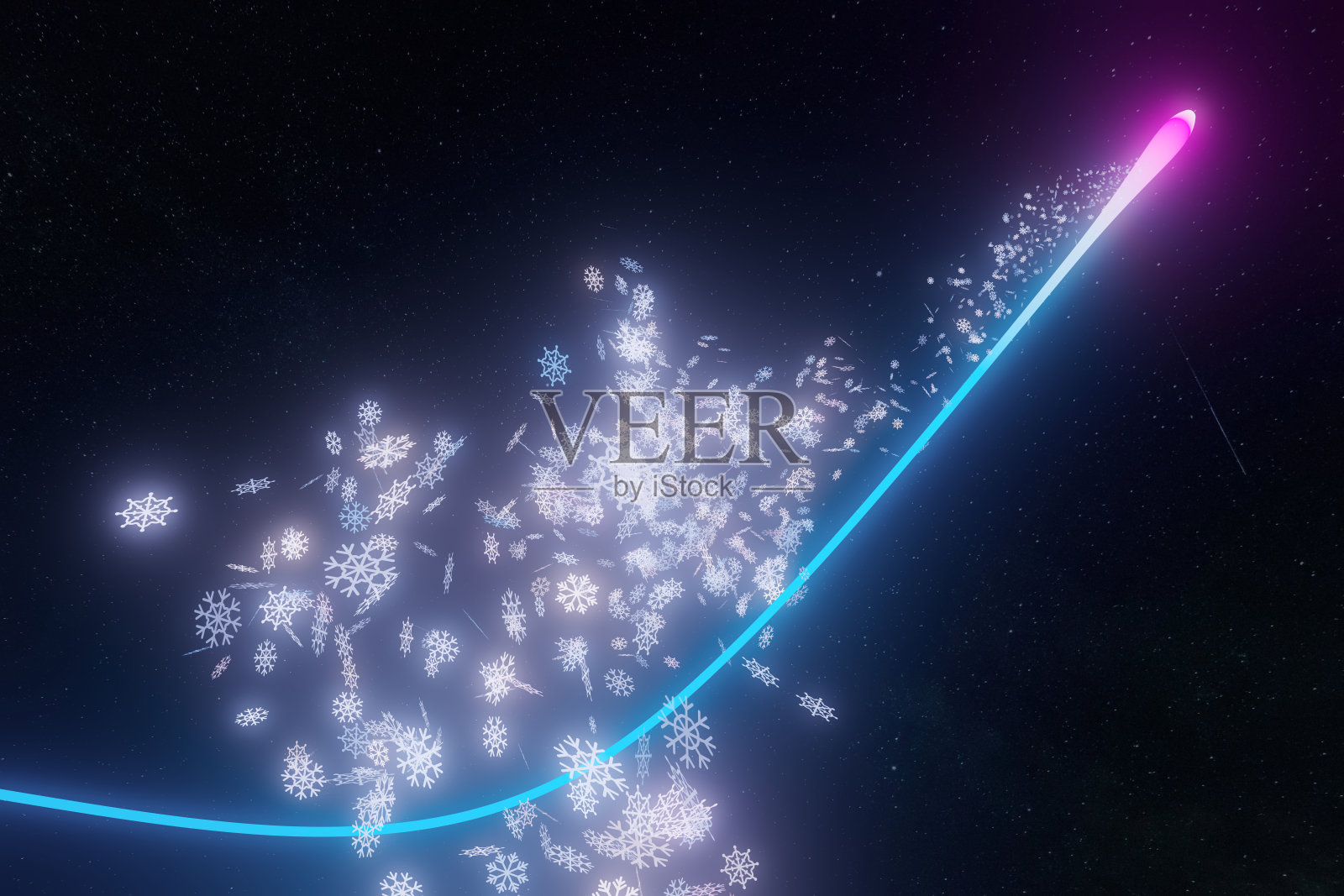 闪亮的彗星在黑色空间中飞过并切割雪花和粒子群,计算机图形数字生成图像,美丽的3D背景照片摄影图片