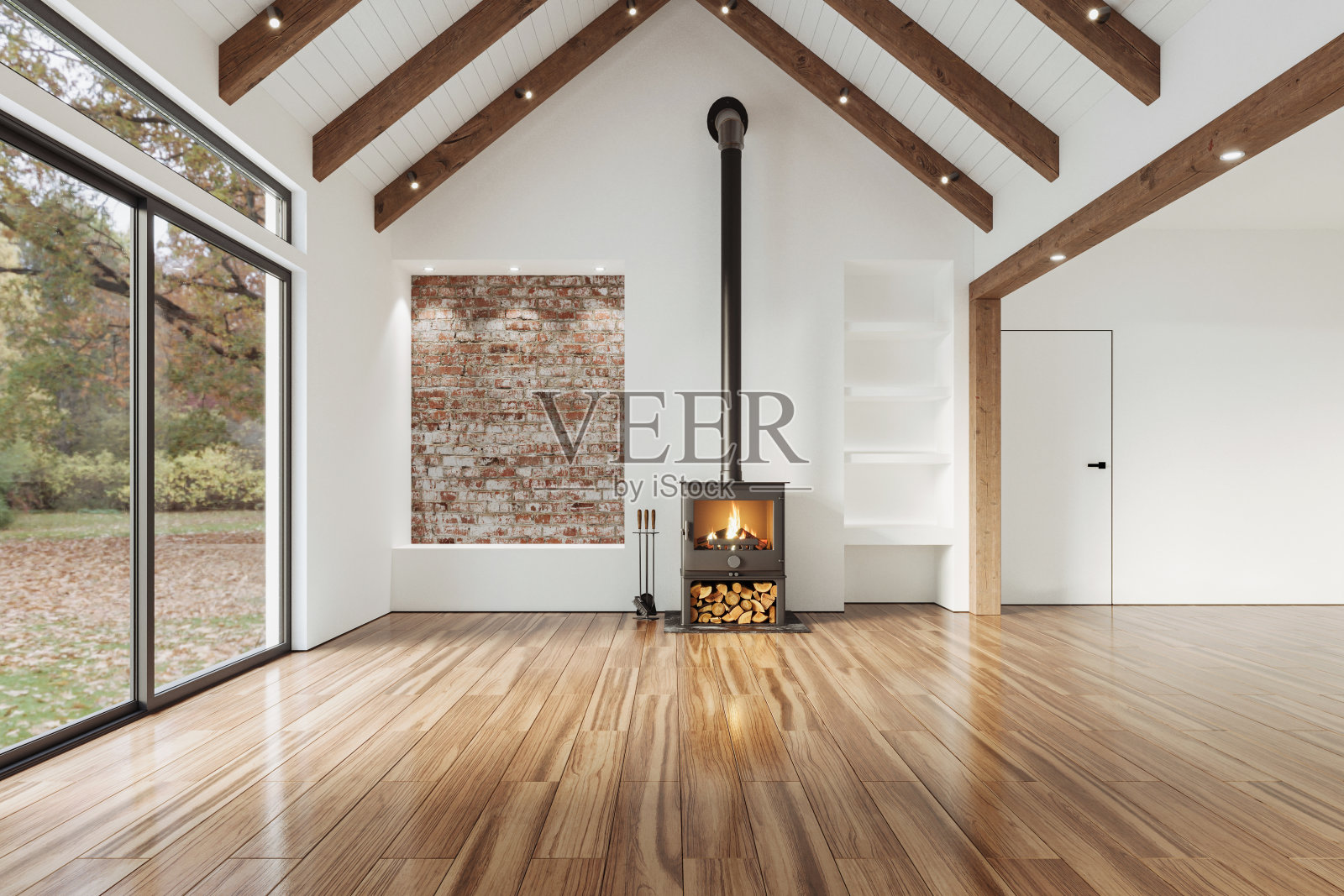 空客厅内部与壁炉和椽子天花板,3d渲染照片摄影图片