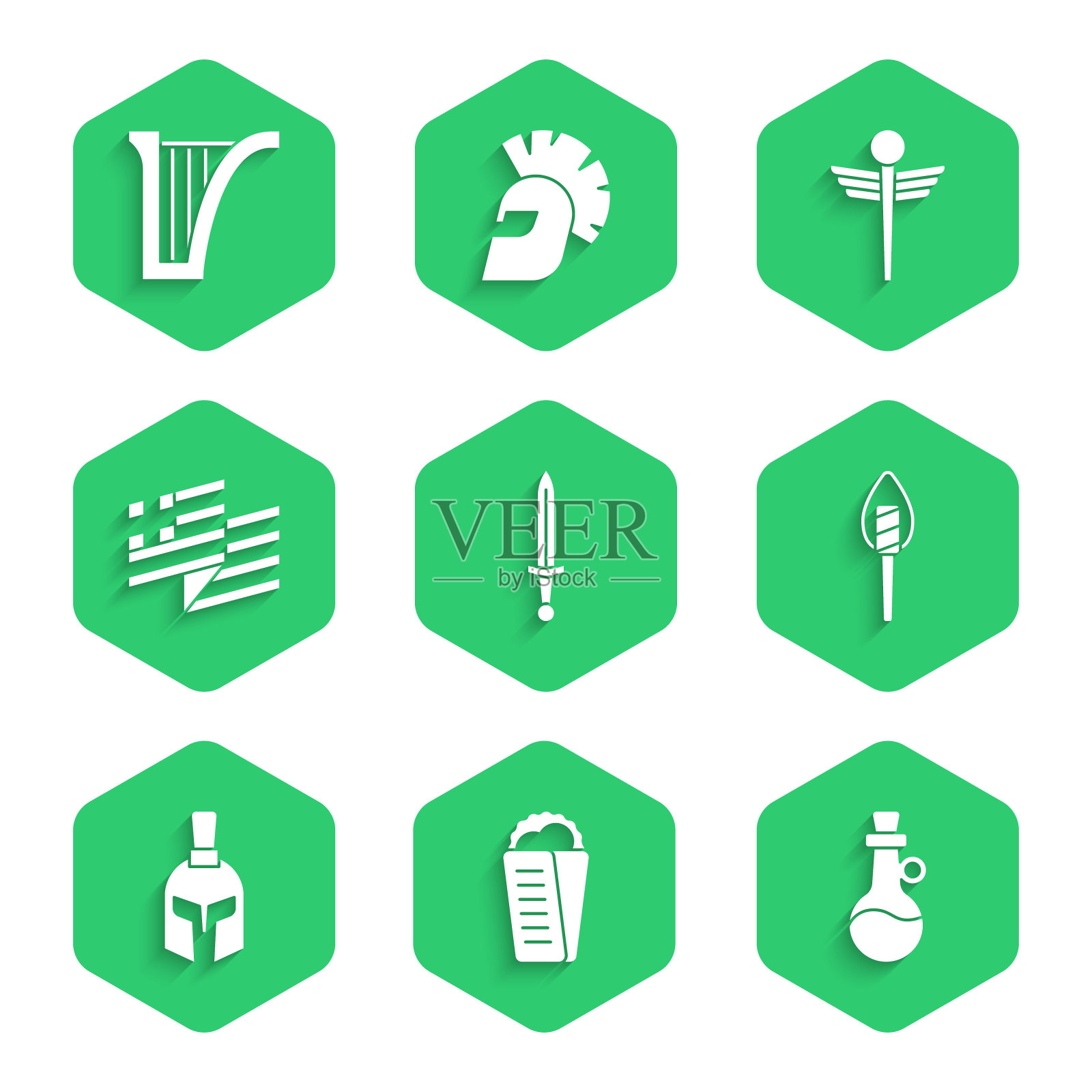 集中世纪的剑,陀螺皮塔希腊,橄榄油,火炬火焰,头盔,希腊国旗,卡杜修斯蛇医疗和竖琴图标。向量插画图片素材