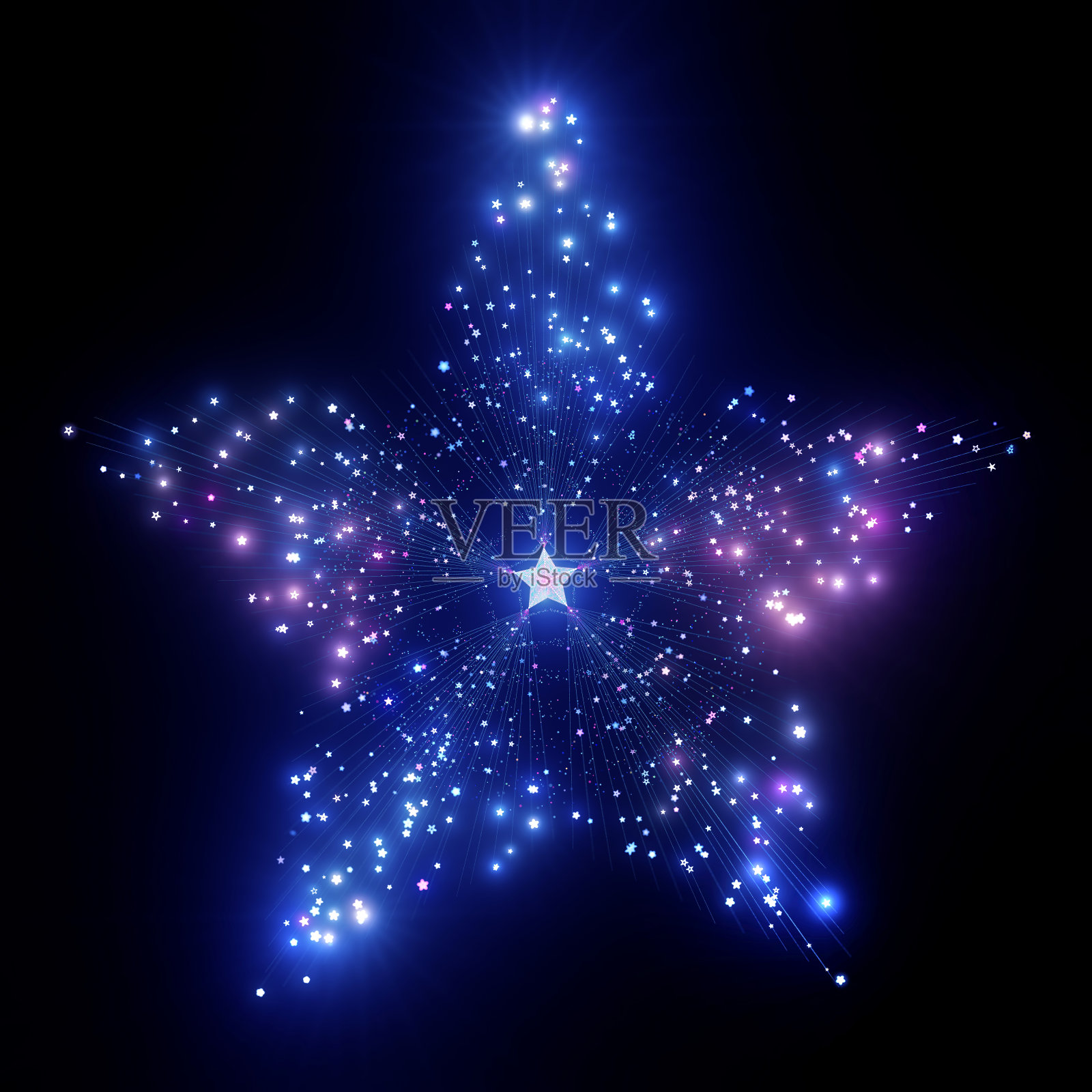 在中心的充满活力的恒星正在发射粒子射线和小恒星在黑色空间,计算机图形数字生成图像,美丽的3D背景照片摄影图片