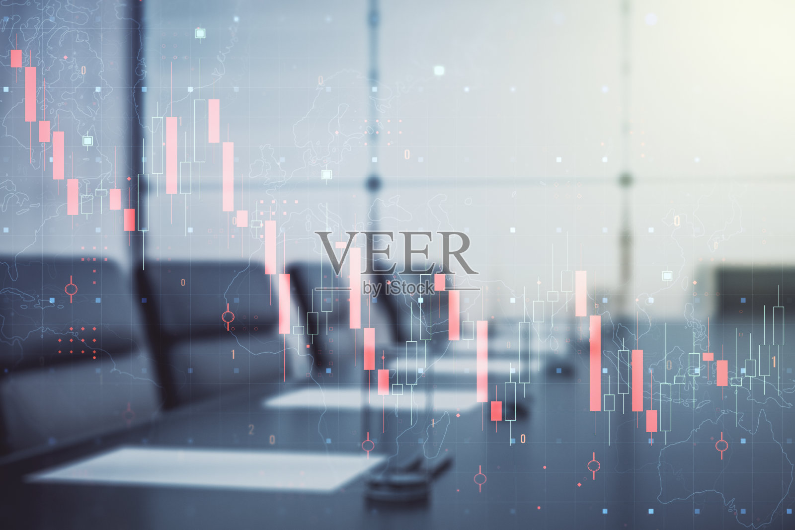 现代会议室背景下抽象虚拟全球危机图和世界地图全息图的双重曝光。金融危机和经济衰退的概念照片摄影图片