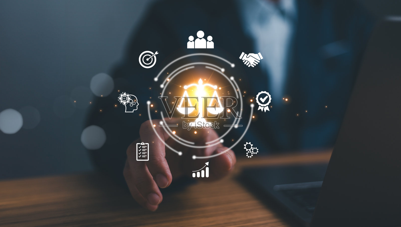 商业伦理观念。道德投资,可持续发展。商业诚信道德。商人触及商业伦理用语,智能筛选被伦理因素包围。照片摄影图片