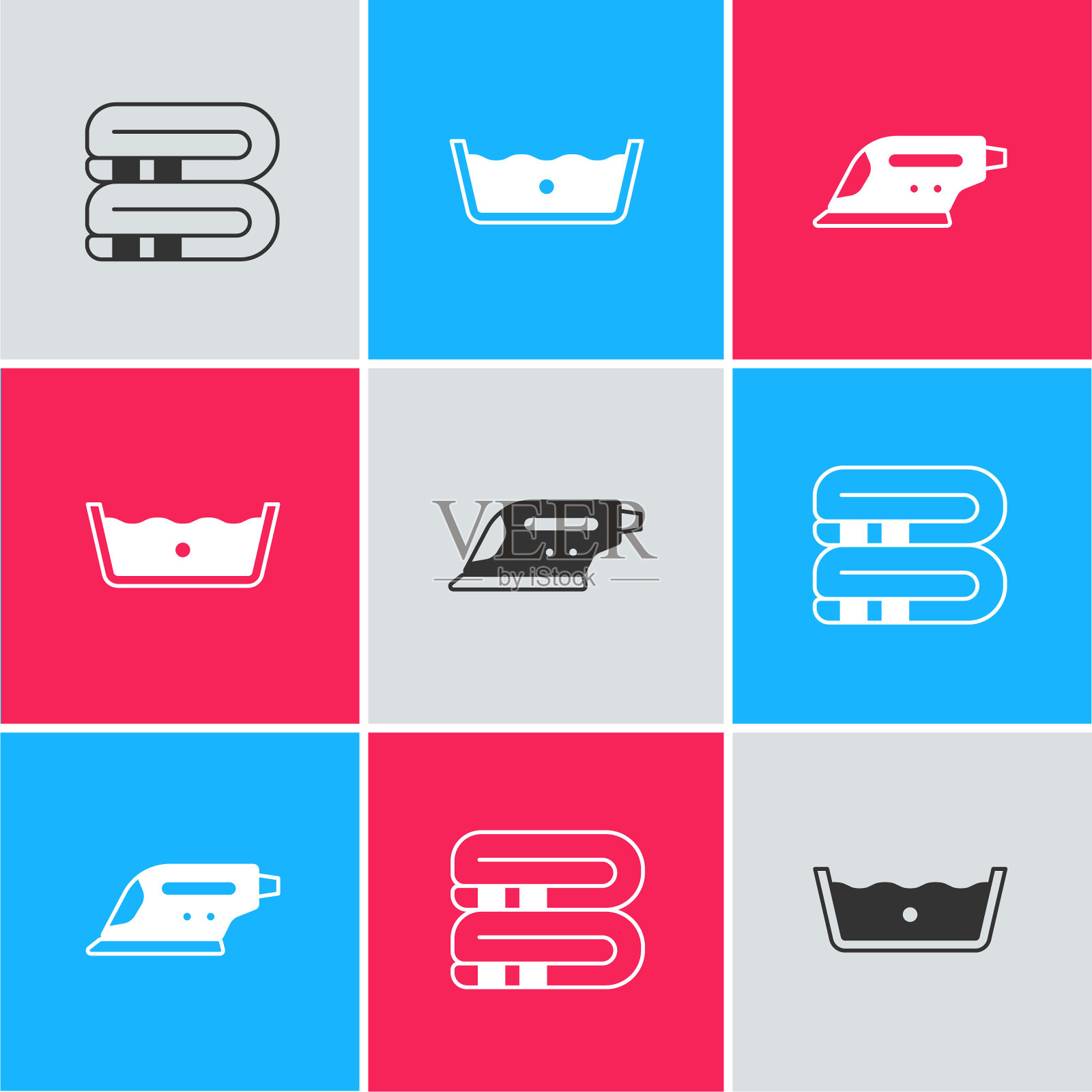 设置毛巾堆叠,温度洗涤和电熨斗图标。向量插画图片素材