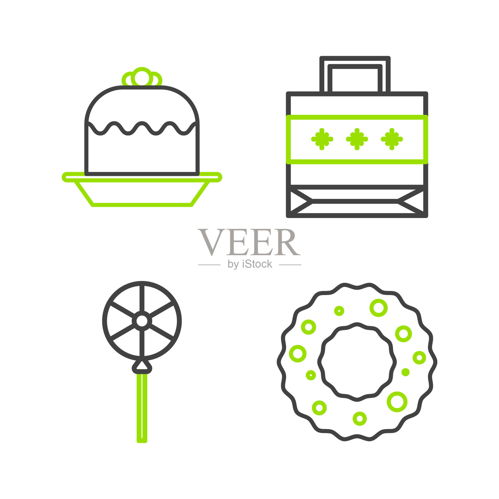 设置线圣诞花环,棒棒糖,纸购物袋和蛋糕图标。向量插画图片素材