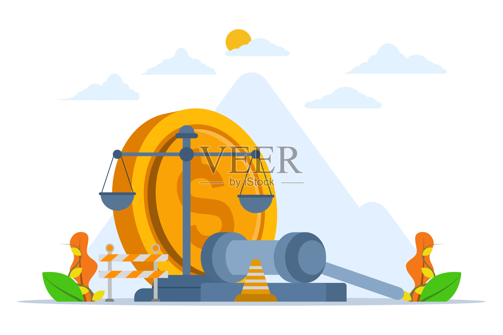 法律或法律概念的赔偿支付,正义之锤以美元纸币符号和事故杆。工伤赔偿,工资置换保险,员工工伤福利。平面向量。插画图片素材