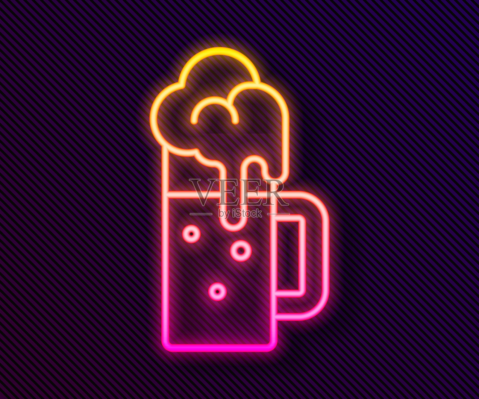 发光的霓虹灯线木制啤酒杯图标孤立的黑色背景。向量插画图片素材