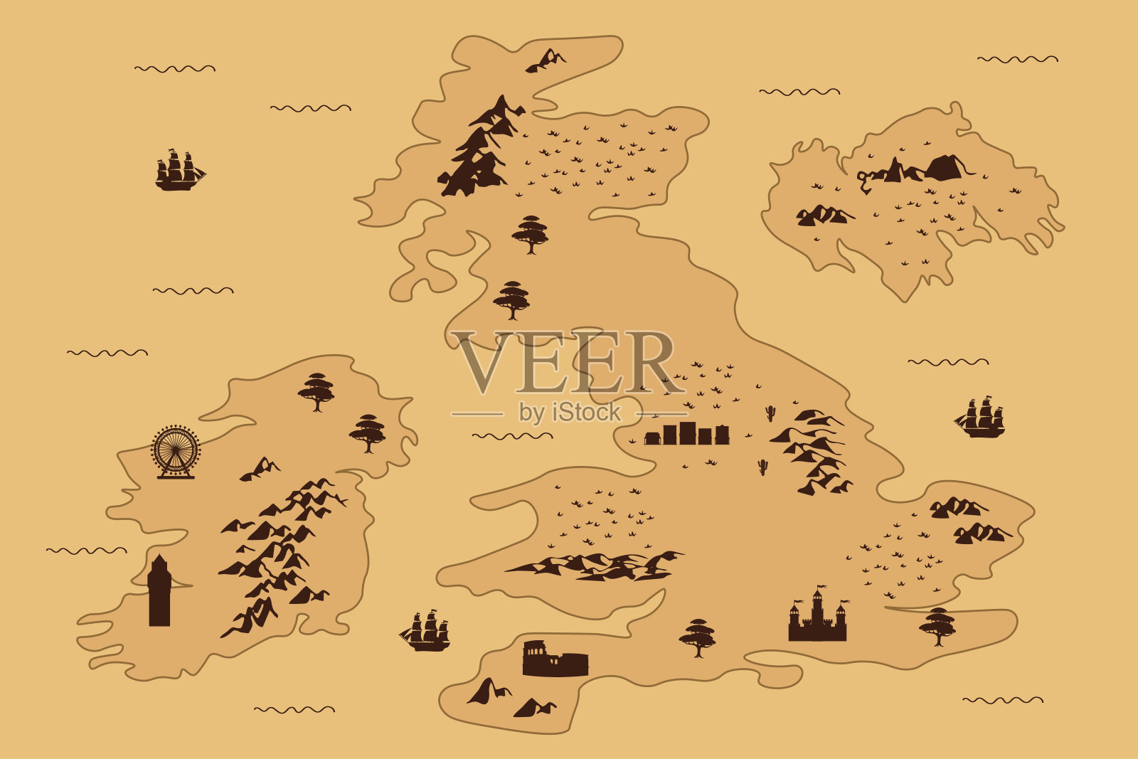 矢量插图的一个美丽的复古地图。卡通复古地图,大海上有一艘船,陆地上有山、树和地标:摩天轮、大本钟、竞技场、骑士宫。插画图片素材