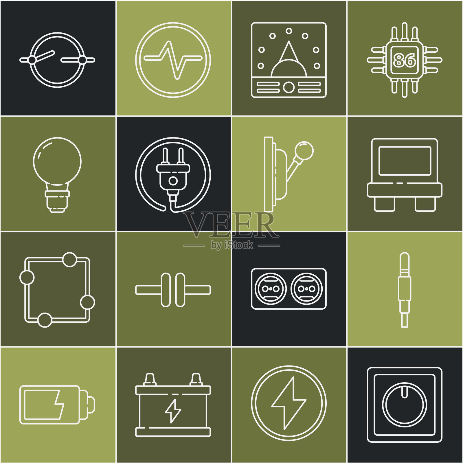 设置线路电灯开关,音频插孔,保险丝,安培表,万用表,电压表,插头,灯泡的概念,想法,电路方案和电气面板图标。向量插画图片素材