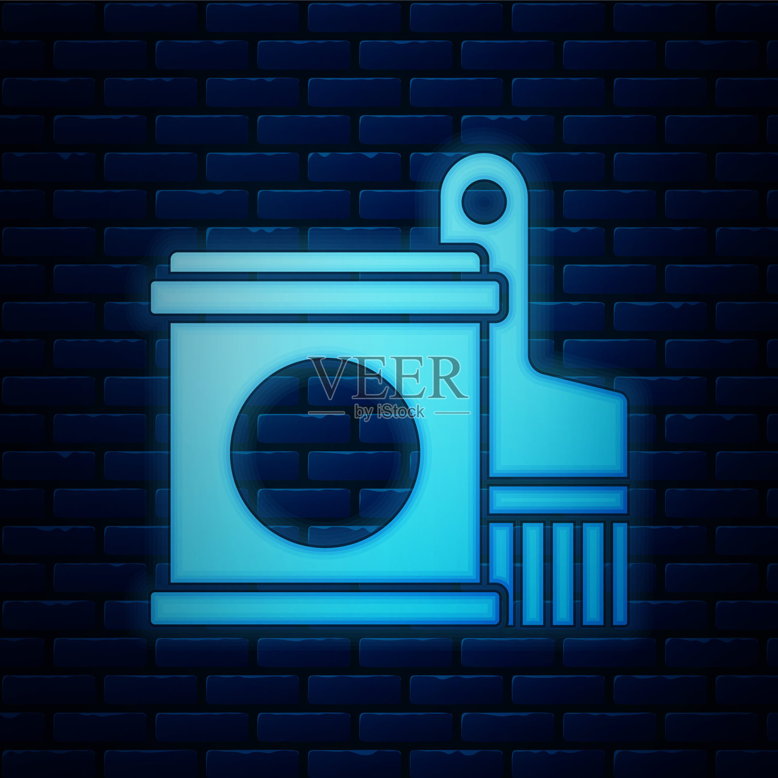 发光的霓虹灯油漆桶和刷图标孤立的砖墙背景。向量插画图片素材