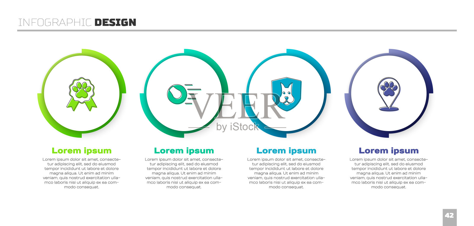 设置宠物奖励标志,玩具球,动物健康保险和位置兽医医院。业务信息图表模板。向量插画图片素材