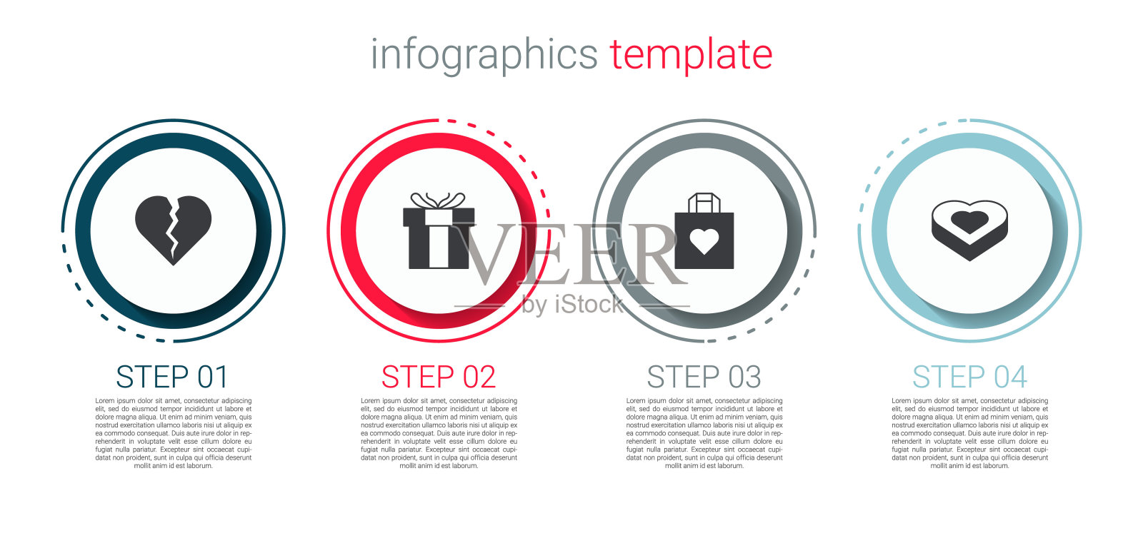 设置心碎或离婚,礼品盒,购物袋与糖果形状。业务信息图表模板。向量插画图片素材