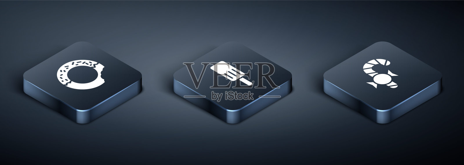 设置等距甜甜圈,圣诞糖果手杖和冰淇淋图标。向量插画图片素材