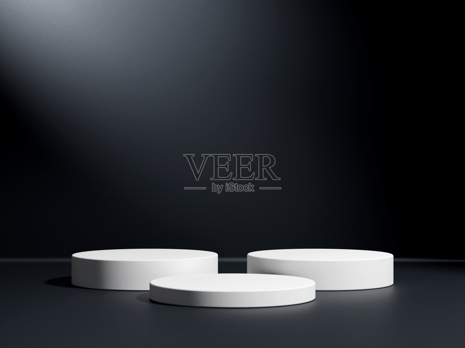 豪华圆形白色讲台与白色背光在抽象的黑色背景。展示您产品的完美平台。三维图解照片摄影图片