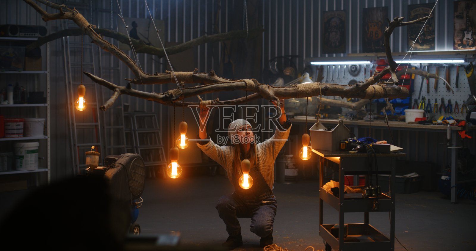 女木匠从树枝上看成品照片摄影图片