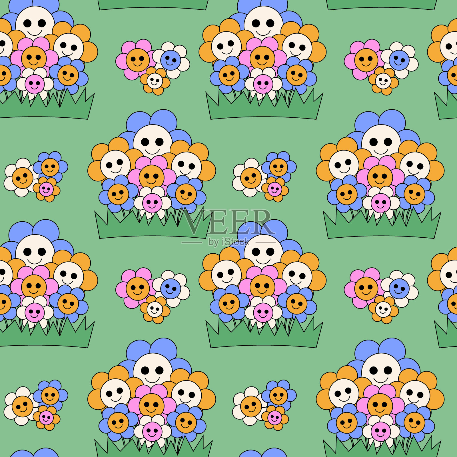 无缝图案与Groovy甘菊在草地上插画图片素材