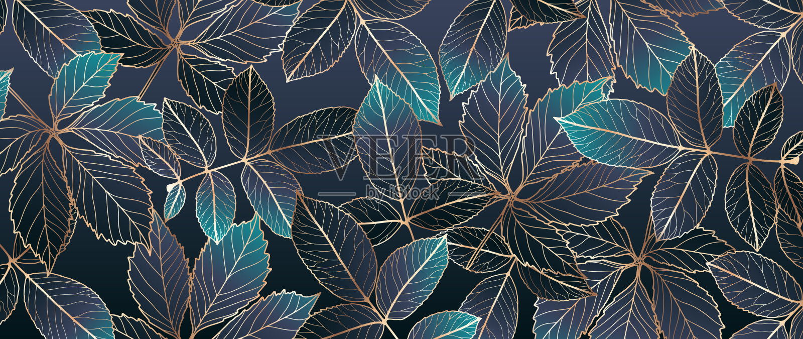 黑暗神秘的豪华植物背景与全息的树枝和叶子与金色的轮廓。植物抽象明信片,封面设计,壁纸插画图片素材