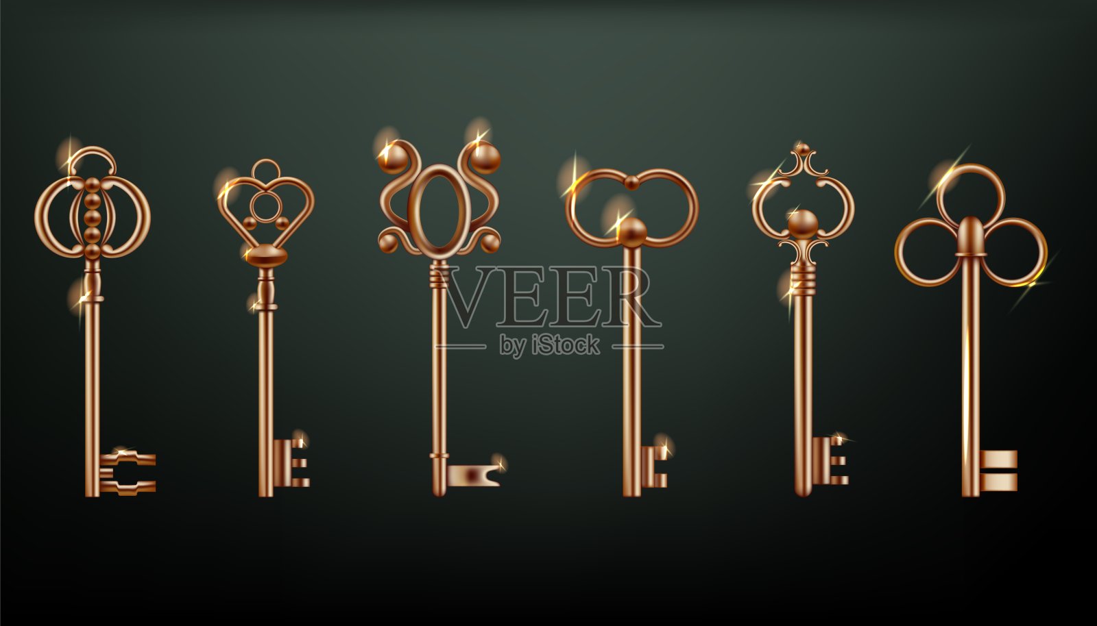 老式金钥匙。现实孤立的元素。房子的开门器,家庭房间的锁钥匙与创意豪华金属,复古的安全,中世纪的钢饰品。矢量设计图标集插画图片素材