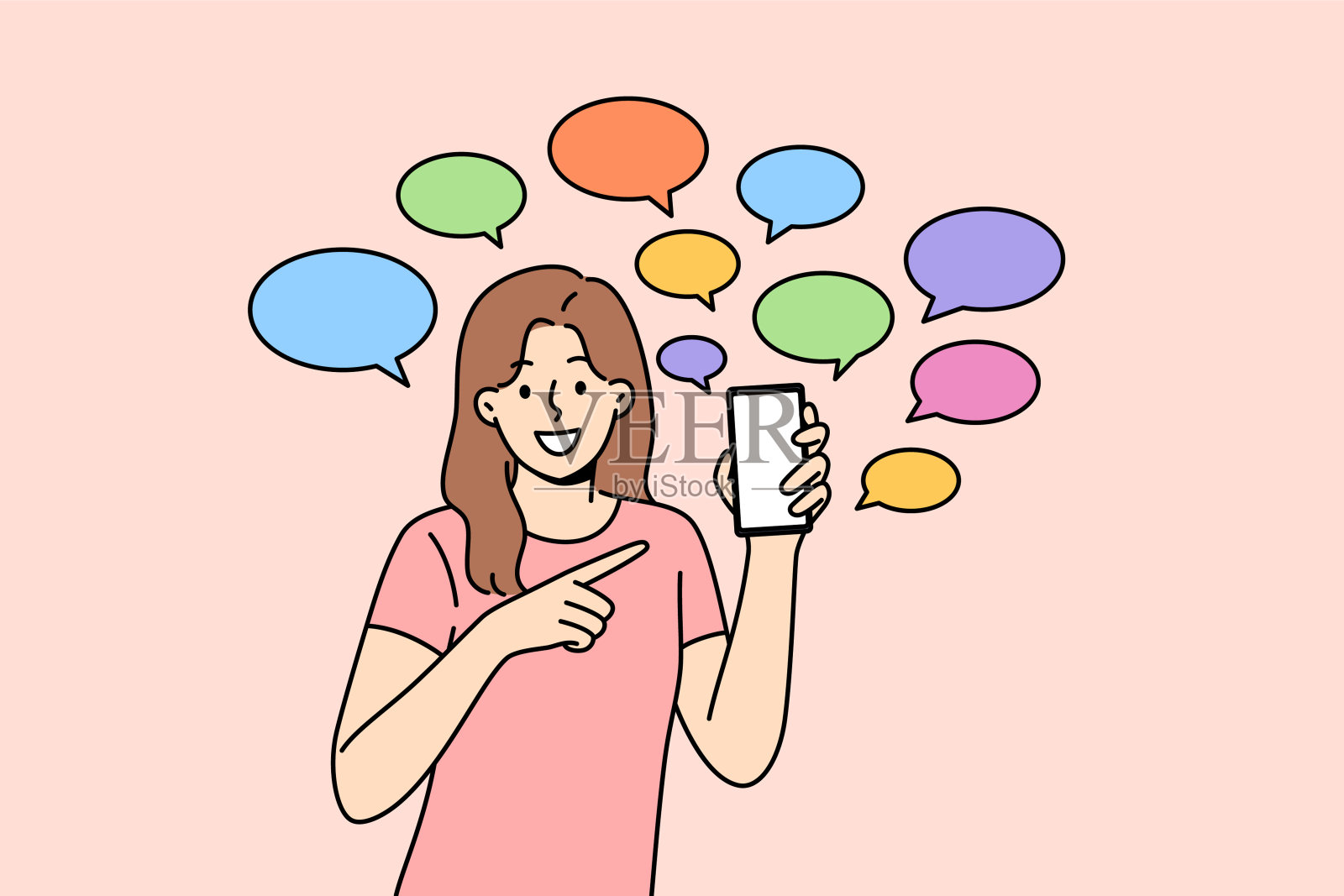 一名女子用手指着手机炫耀短信,要求下载新的移动通讯工具插画图片素材