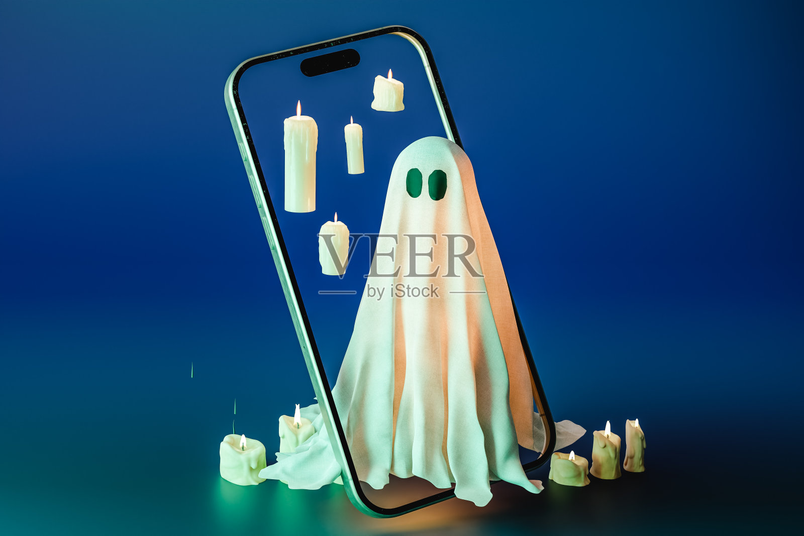 3d渲染模拟智能手机鬼魂服装和发光的蜡烛放置照片摄影图片