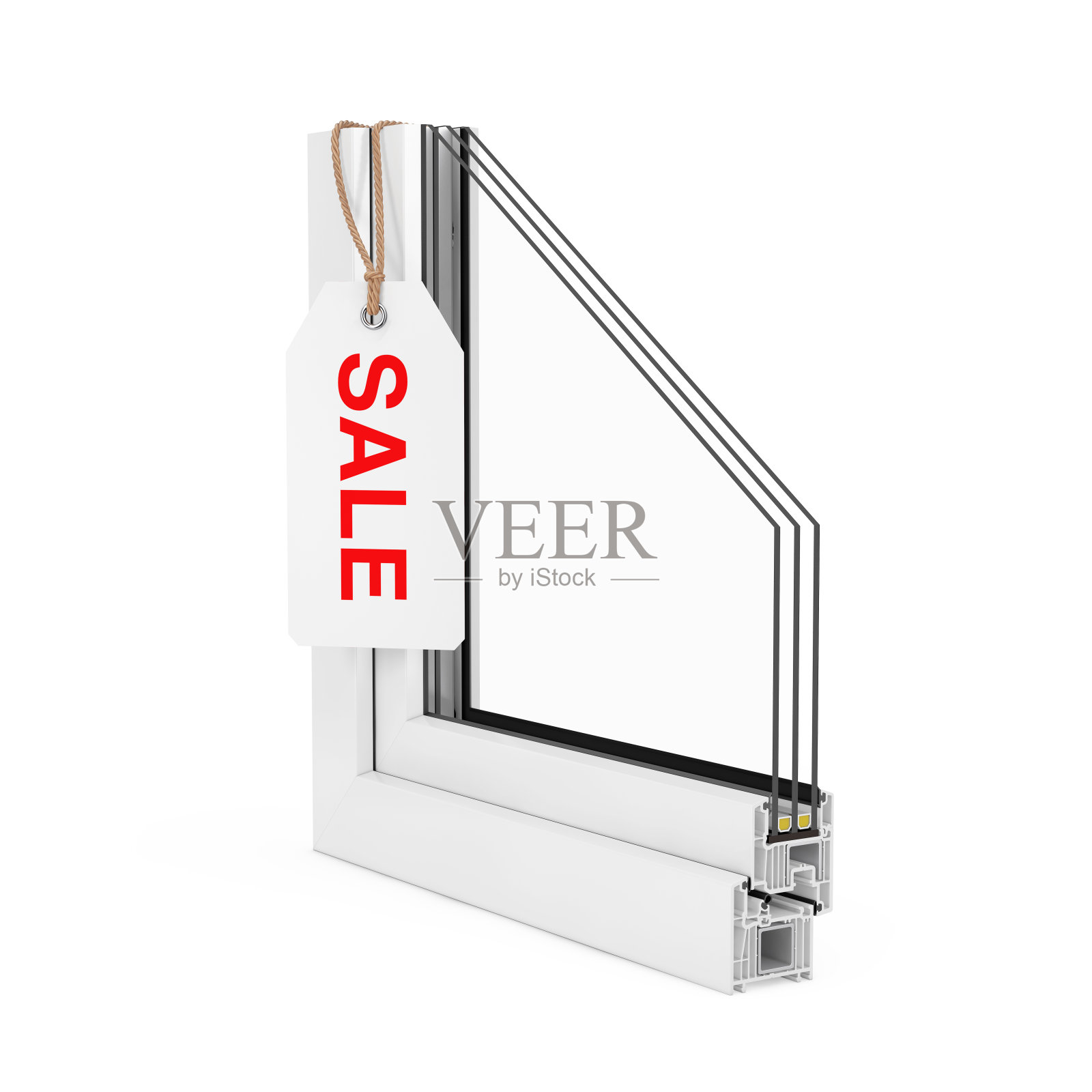 带有白色销售标签的详细窗口PVC型材的切割。3d渲染照片摄影图片