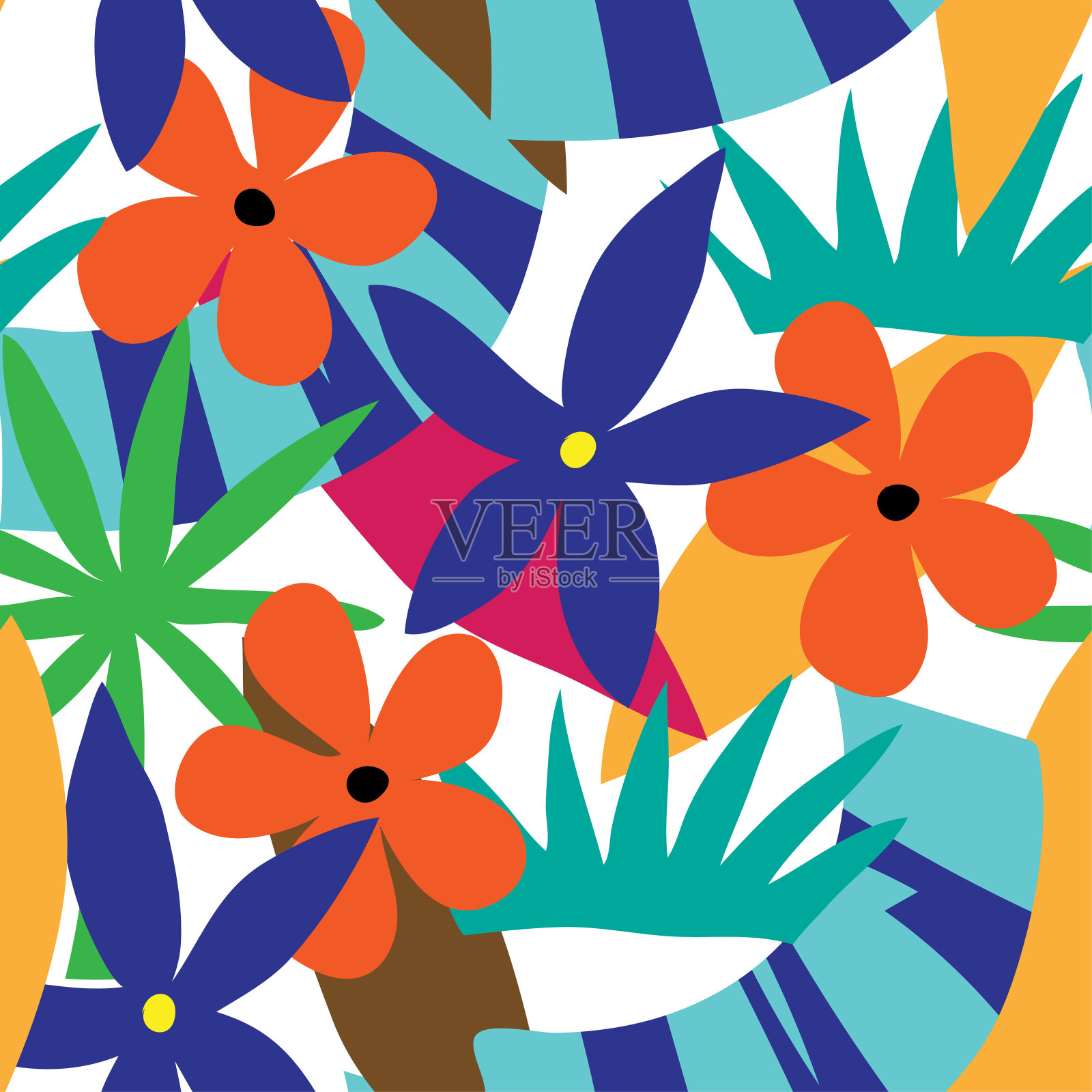 拼贴热带花卉和树叶无缝图案插画图片素材