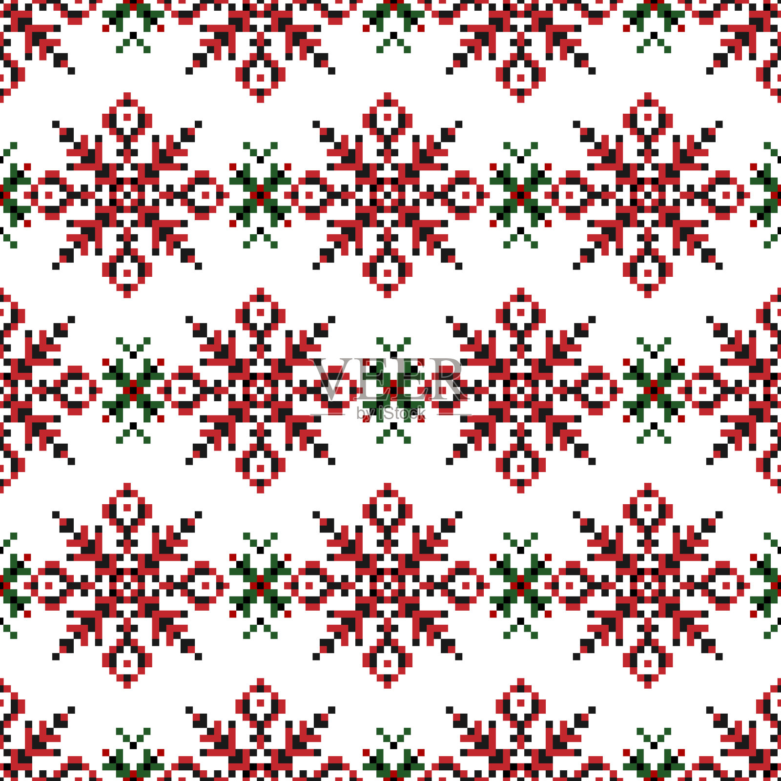 乌克兰民族十字绣。几何无缝图案的红色,绿色,黑色的花朵和叶子在一个白色的背景插画图片素材